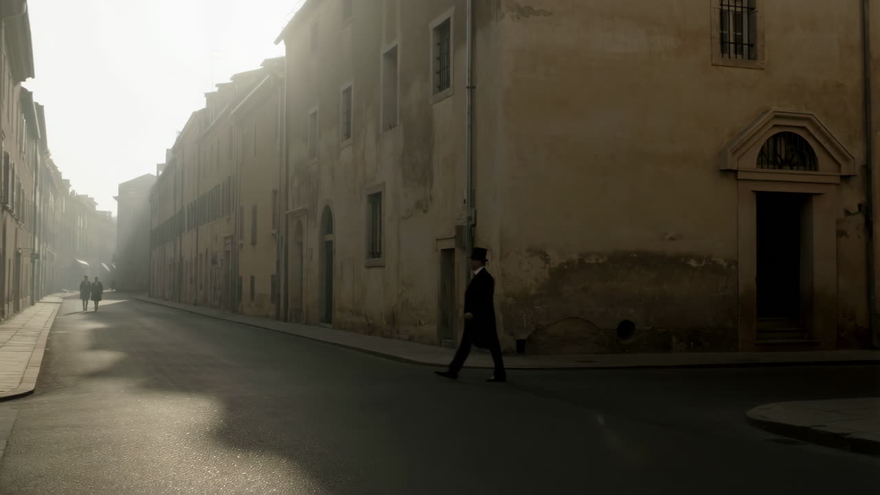 A Man in a Top Hat Walks Down a Hazy, Sunlit Historic Street
