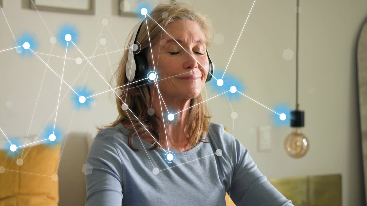 Mature woman sitting on bed, starting guided audio on smartphone, network nodes pulsing for health