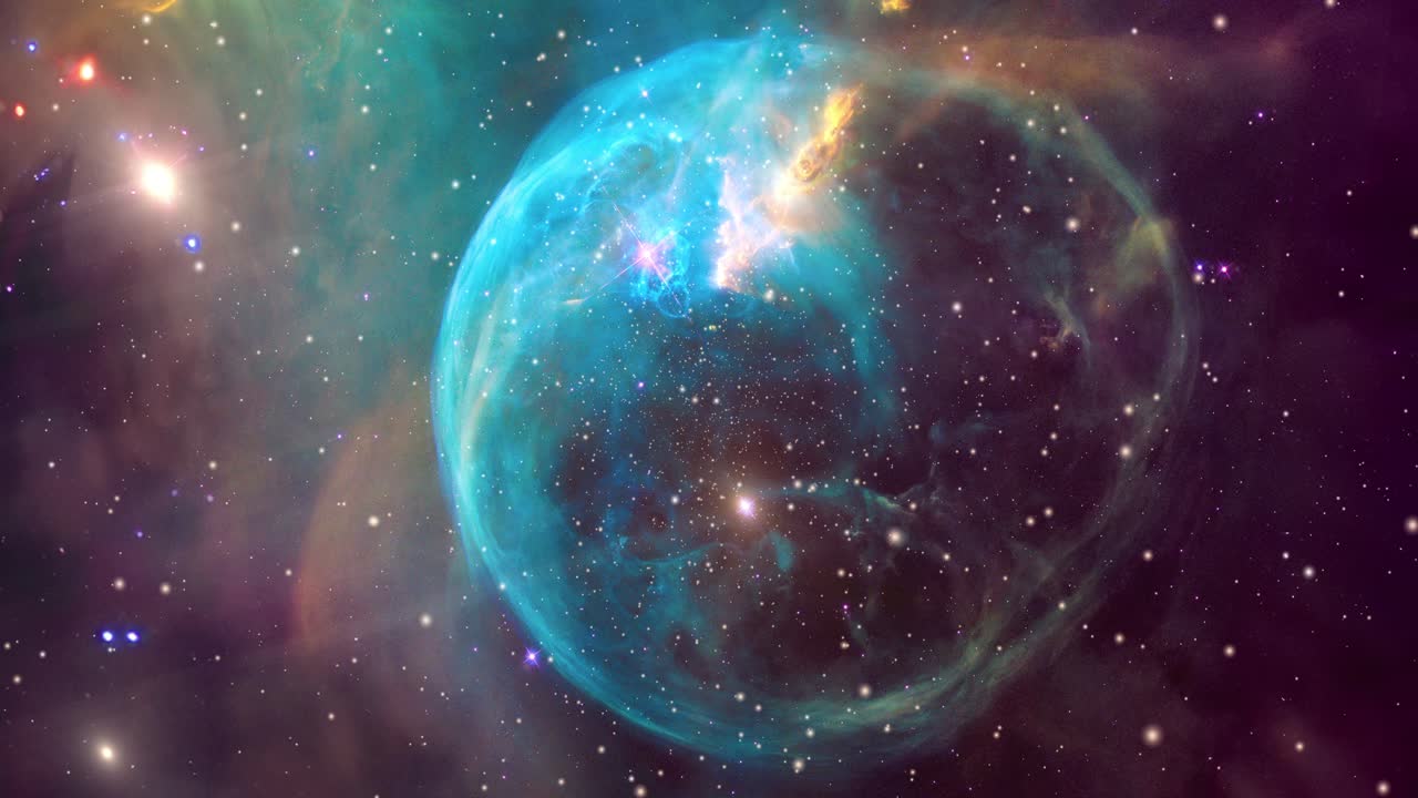 Wide shot of the Bubble Nebula, a cosmic marvel with a glowing gas shell shaped by stellar winds. Its vibrant hues and ethereal details create a stunning celestial scene, perfect for space visuals.