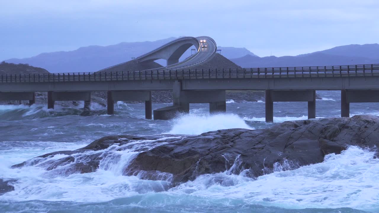 Dramatic Waves Crashing Against the Atlantic Ocean Road Bridge in Norway
