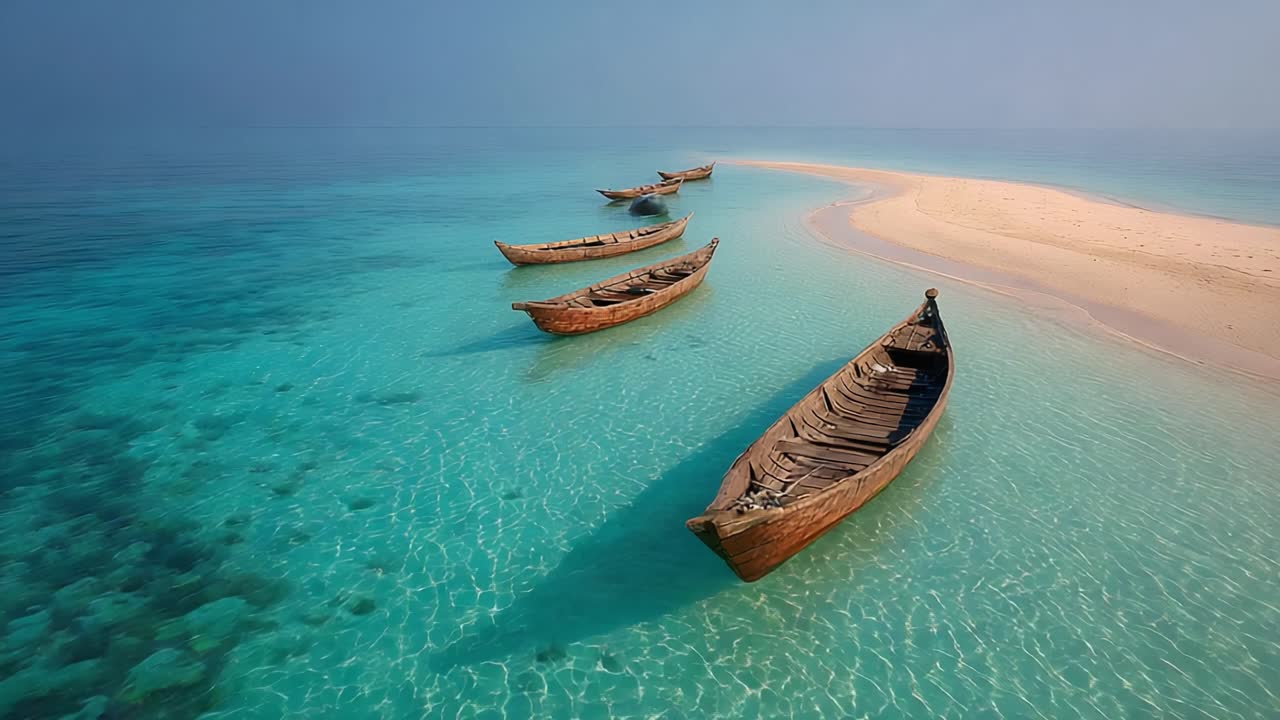Serenità di acque tranquille: una vista panoramica di barche tradizionali in legno ancorate in acque cristalline turchesi vicino alla riva sabbiosa