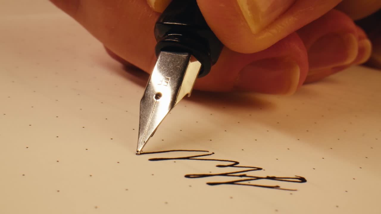 Primo piano di una mano che scrive su carta con una penna stilografica