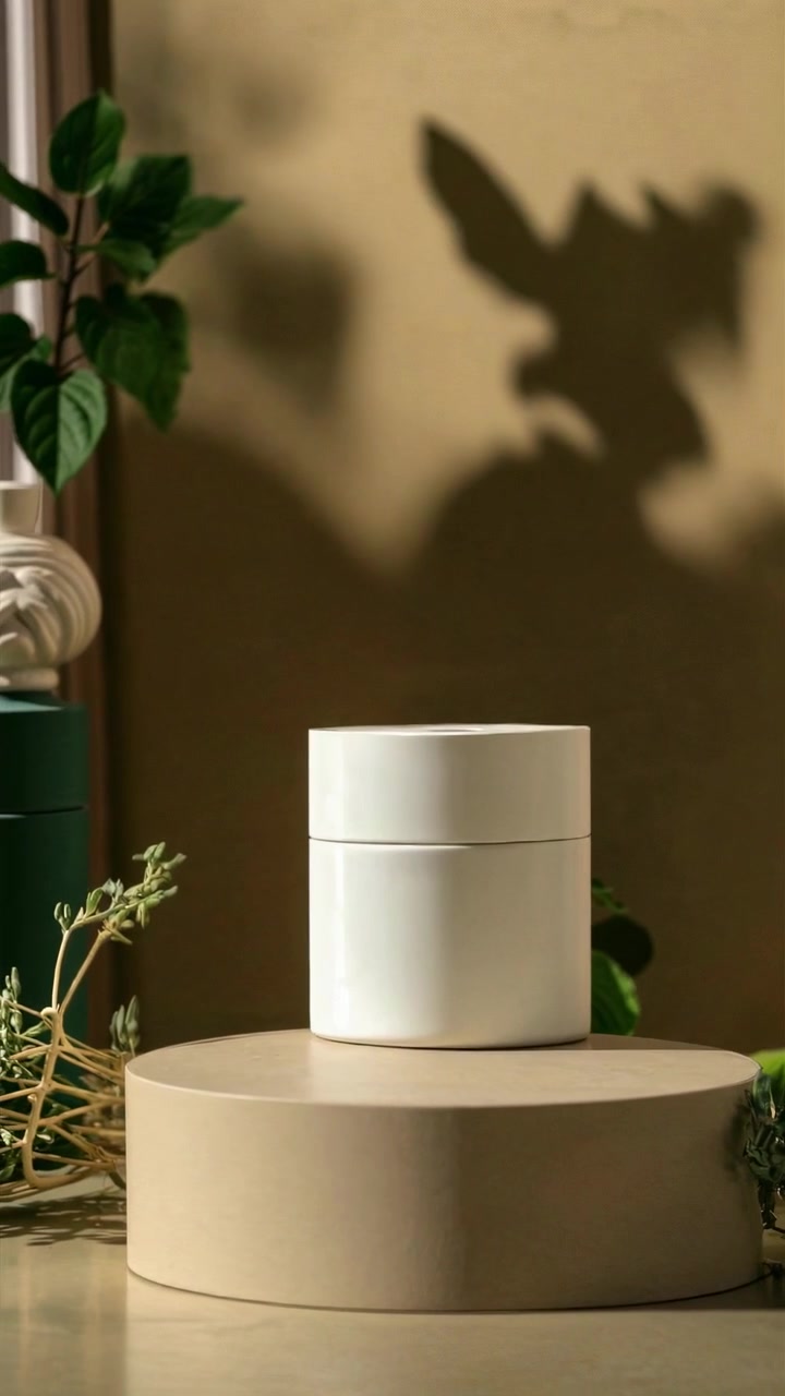 Pot de cosmétique blanc sur un piédestal dans un décor de studio minimaliste