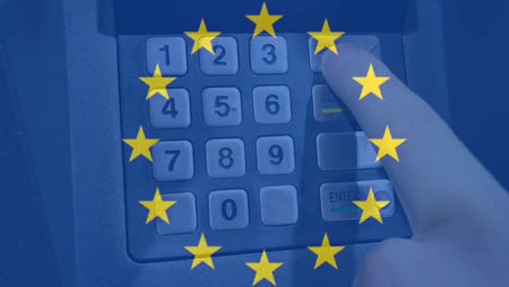eu bank concept animation with cash machine and rolling flag animation