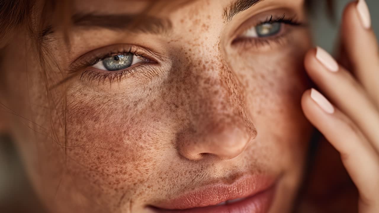 Intimate Close-Up of a Freckled Beauty, Capturing the Natural Charm and Distinctive Features of a Woman's Face Highlighted by Soft Lighting and Textured Skin