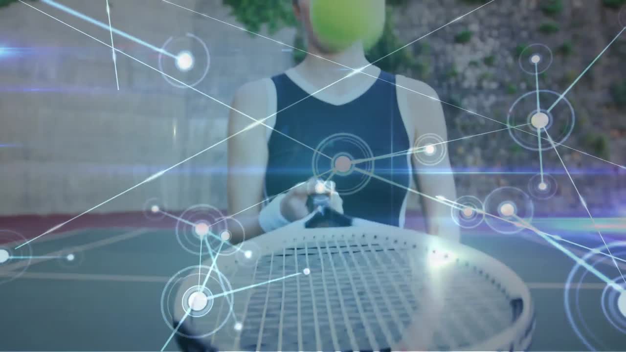 테니스 코트에서 여성 테니스 선수에 대한 연결 네트워크의 애니메이션