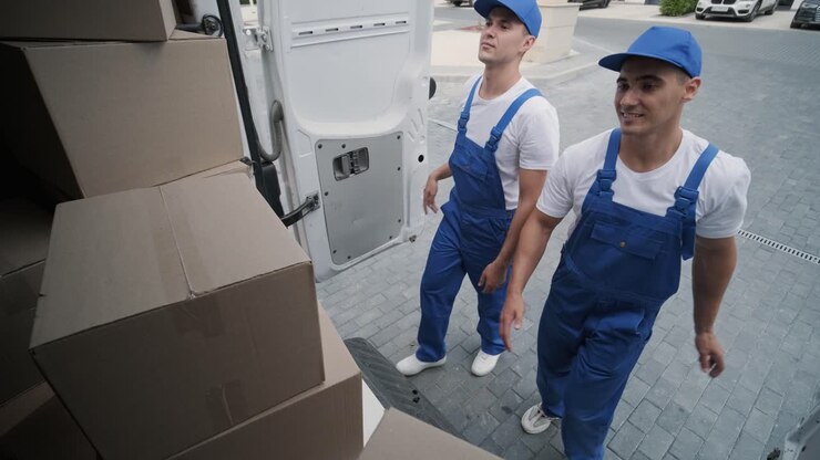 Two young workers of removal company unload boxes from minibus into customer's home