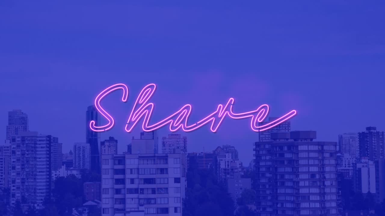 도시 풍경 위에 분홍색 네온 공유 텍스트의 애니메이션