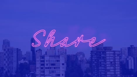 animación de neón rosa comparte texto sobre el paisaje urbano