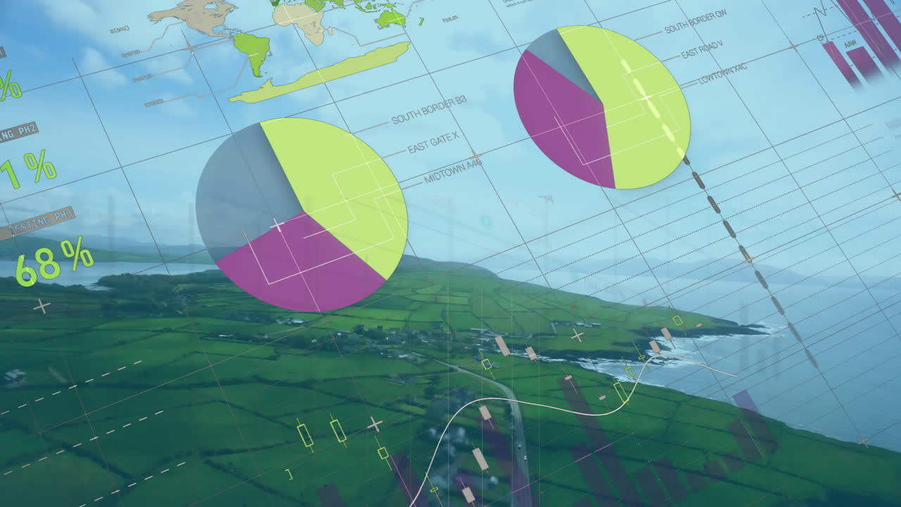 Pie charts and graphs animation over aerial view of coastal landscape