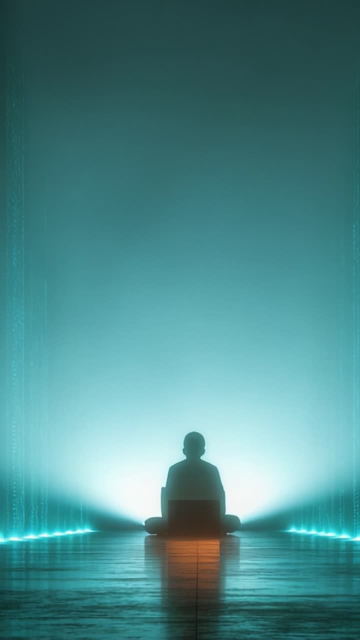 A Serene Journey into the Unknown: Exploring the Essence of Mindfulness and Reflection in a Digital Dreamscape of Light and Shadow