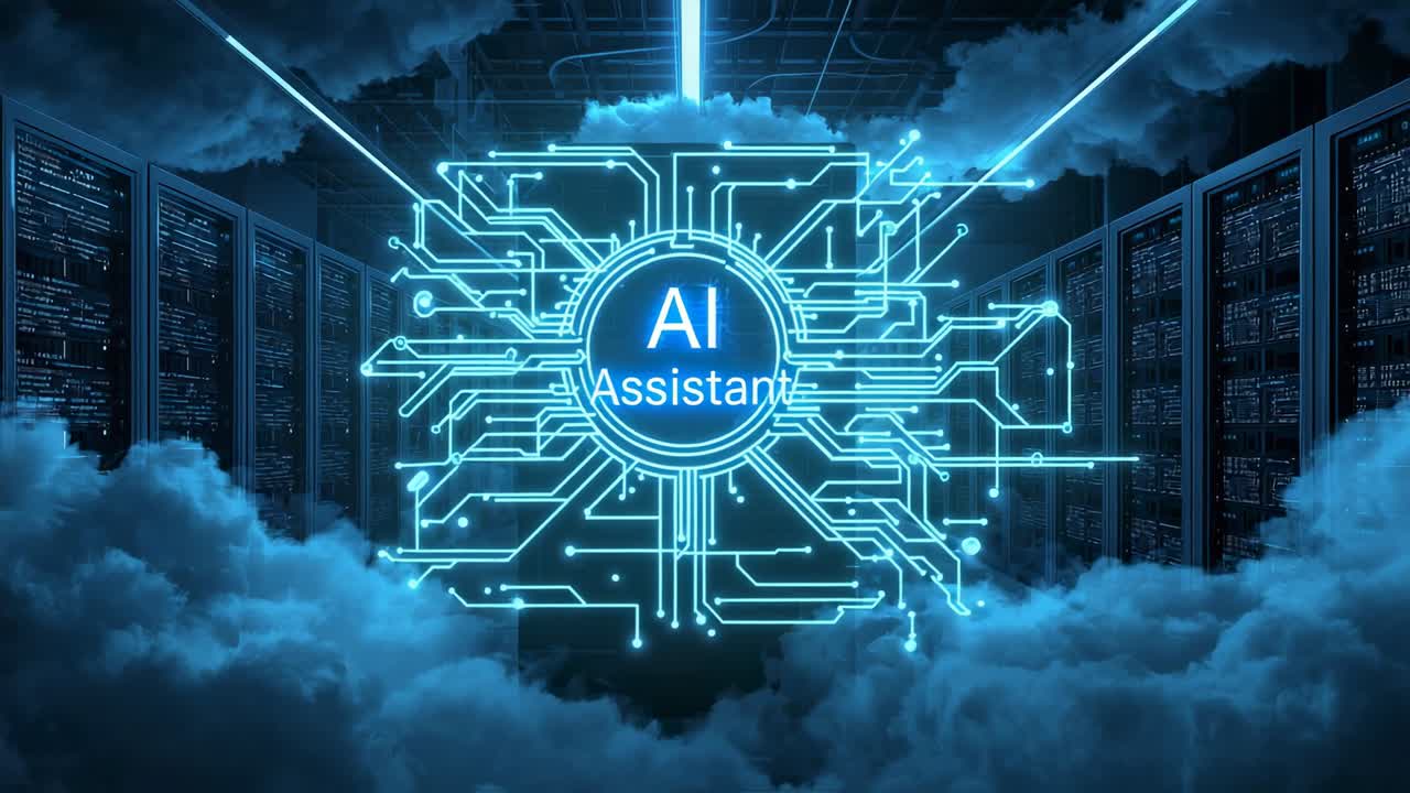 Receiving neon-blue beam, AI Assistant symbol pulsing and processing data across server racks