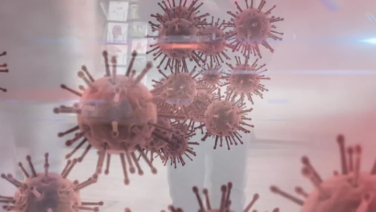 Animazione di cellule COVID-19 su pedoni che camminano in una strada affollata