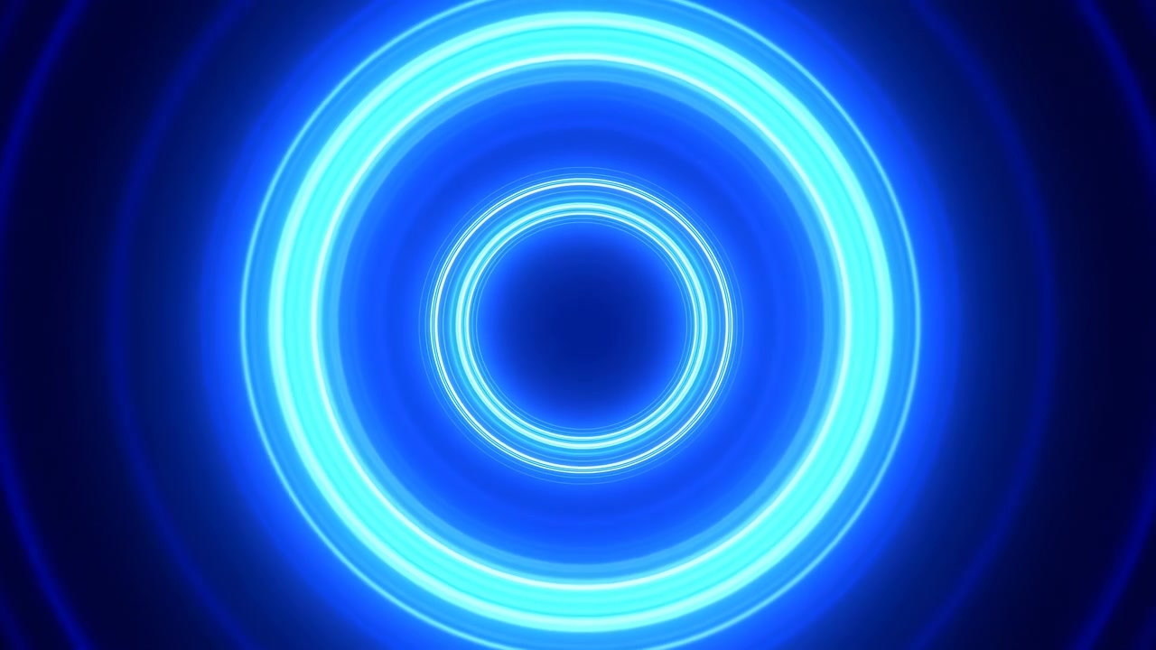 Anelli neon blu intenso pulsano in uno studio buio, onde di energia radiale creano un bagliore ad alto contrasto, nucleo del motore.