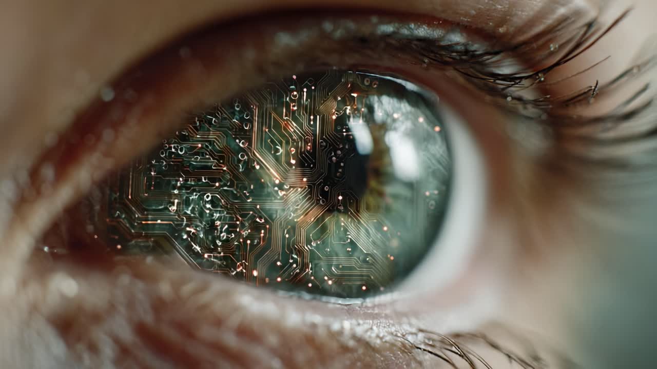 A Close-Up View of a Human Eye Featuring Intricate Electronic Circuits Reflected Within the Pupil, Merging Nature and Technology in a Striking Visual Contrast