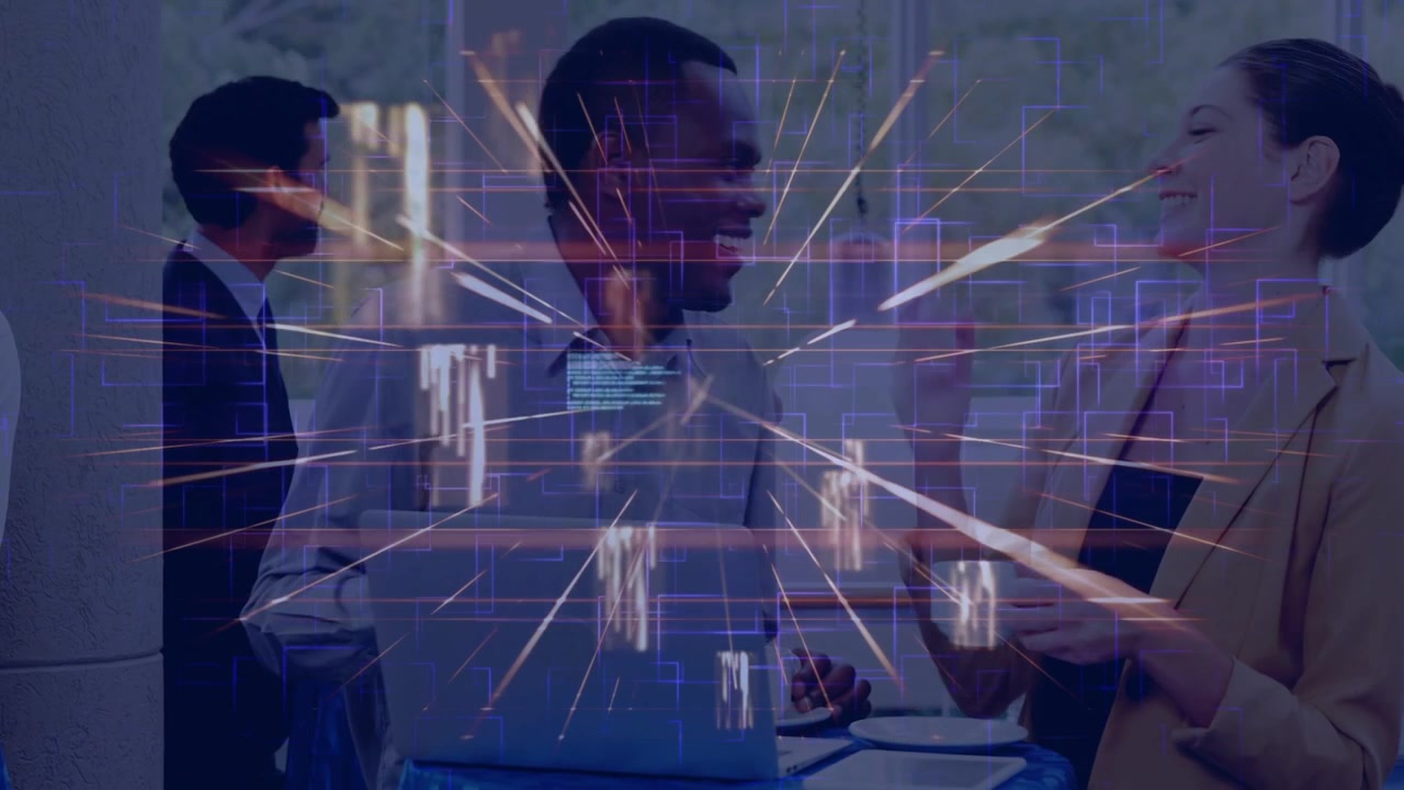 Woman holding cup tapping laptop, peer placing laptop, HUD graphics converging for business insight