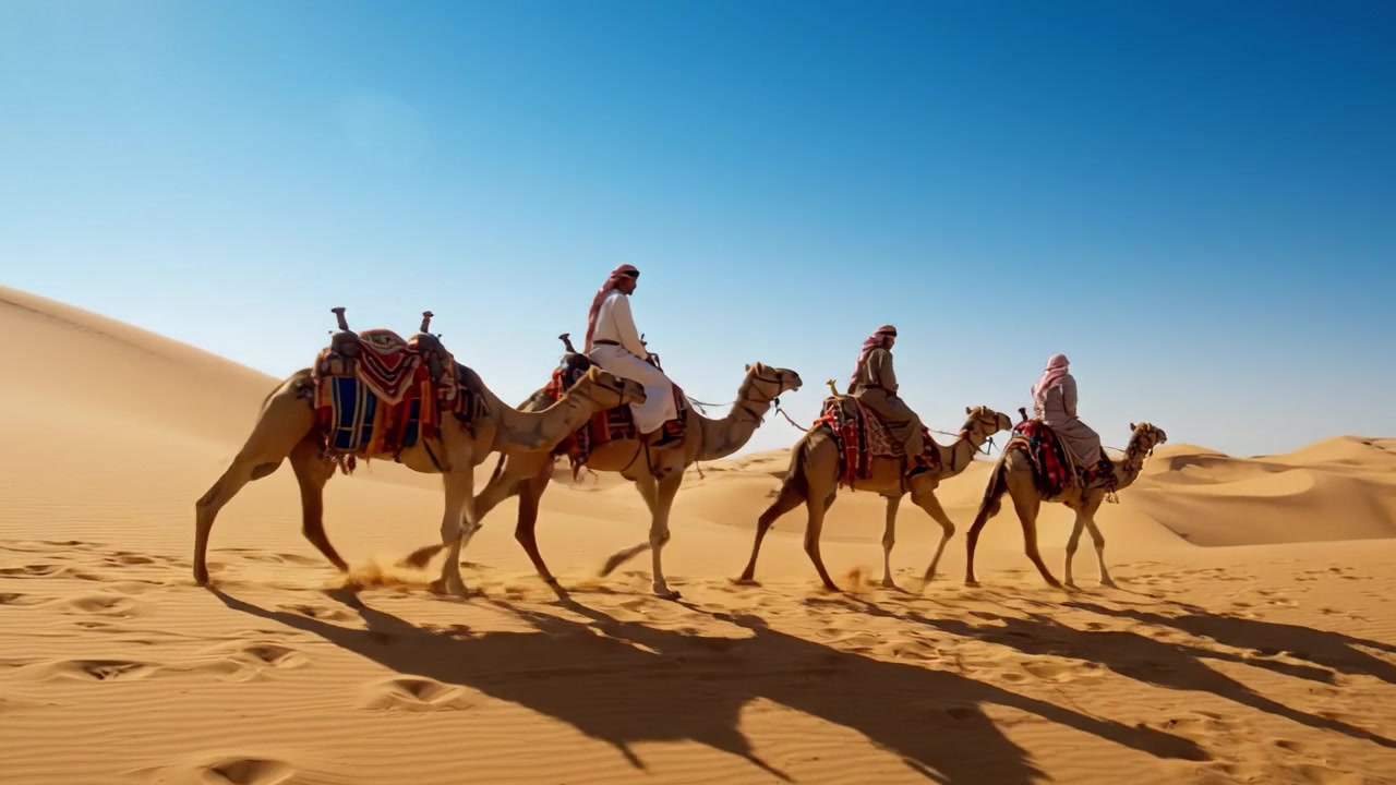 Un viaggio sereno attraverso le sabbie dorate: Un trio di cavalieri di cammelli attraversa il vasto deserto sotto un cielo azzurro brillante
