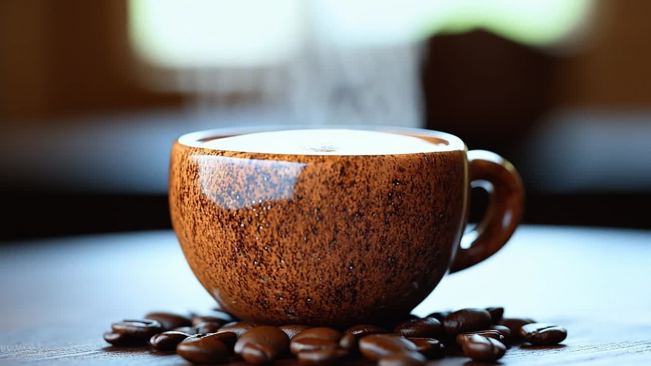 Freshly brewed coffee in a rustic cup. A warm cup of coffee sits atop roasted coffee beans, steam rising softly in a cozy setting by the window.