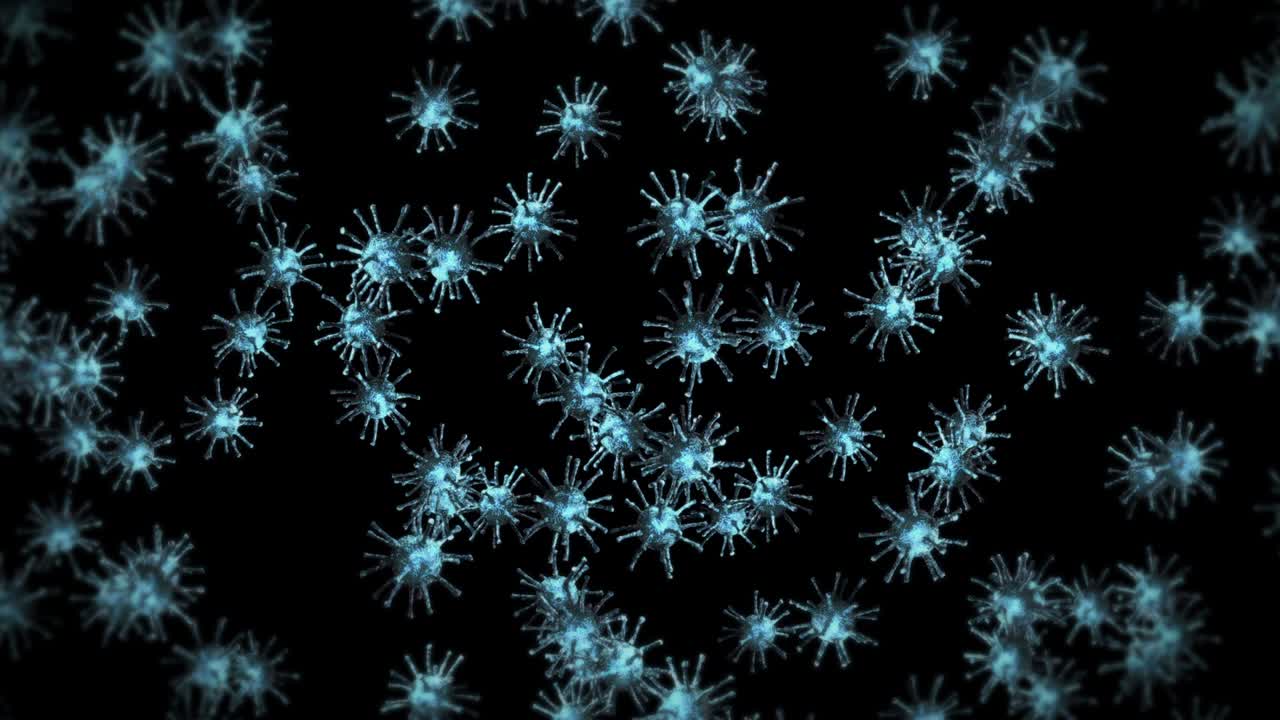 volando muchas células de virus en fondo negro. concepto médico, ilustración microscópica. animación 3d de la molécula de virus girando. animación de bucle.