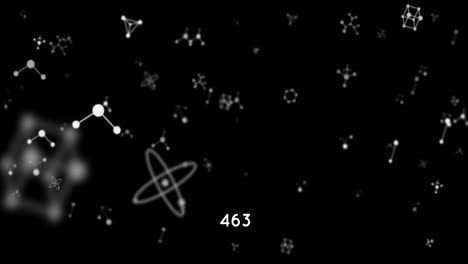 digital animation of increasing numbers over molecular structures floating against black background