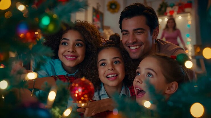 Offering bauble father guiding daughter placing ornament by Christmas tree, mother hugging family