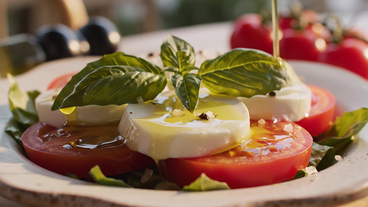 Insalata Caprese fresca con un filo d'olio d'oliva e basilico