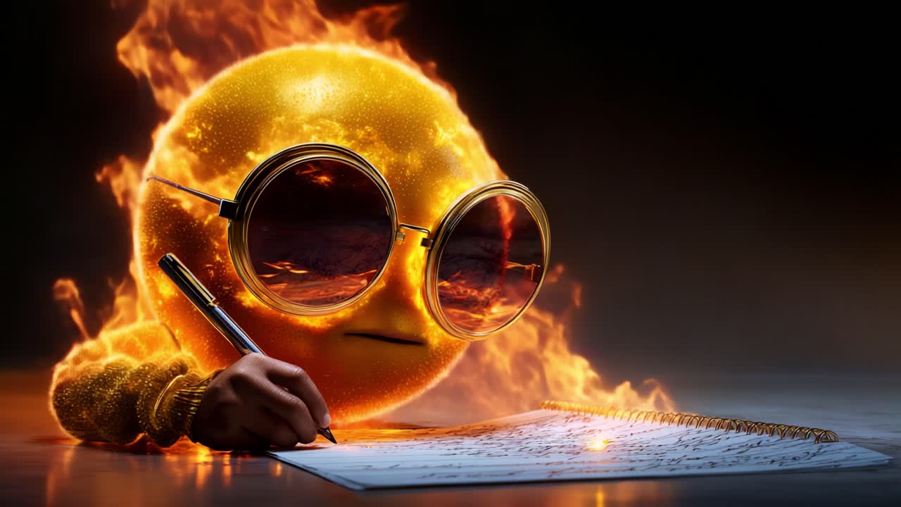 A fiery sun emoji character, adorned in stylish sunglasses, intensely focuses on writing in a notebook while surrounded by flames, showcasing creativity and passion in a surreal atmosphere