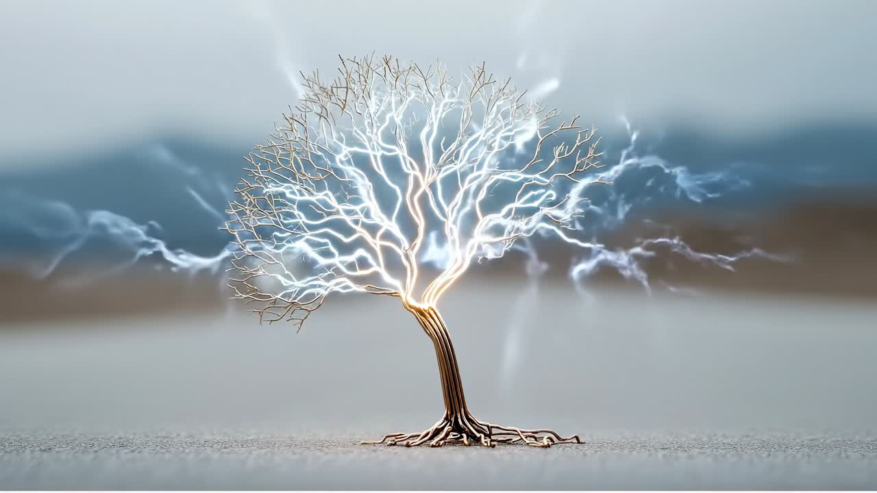 Lightning tree in landscape. A tree stands on the ground with bright lightning bolts surrounding its branches