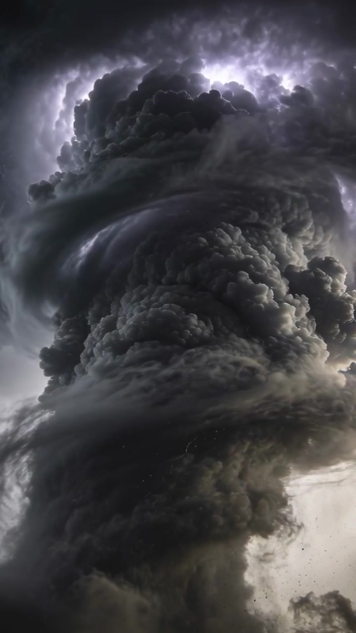 Video verticale: Una nube a imbuto che gira si alza sulla terra, con bande a spirale che lampeggiano e un arbusto in basso a destra.
