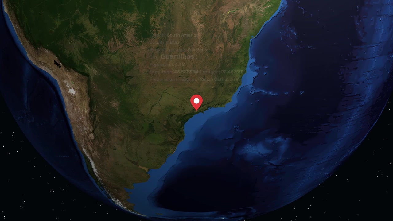 Digital globe rotates and zooms into South America, highlighting Guarulhos with a location pin