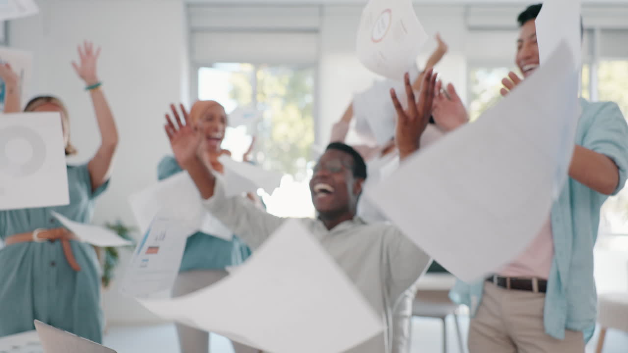 Celebration, happy and business people throw paper