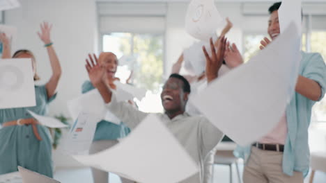 celebration, happy and business people throw paper