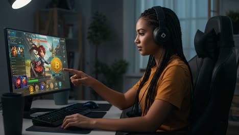 a focused gamer engaging with in-game currency while strategizing in an online fantasy game environment under soft ambient lighting