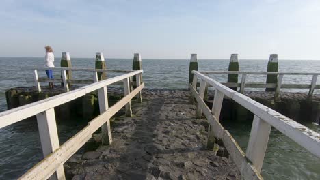 a woman walks along a small pier with a wooden railing