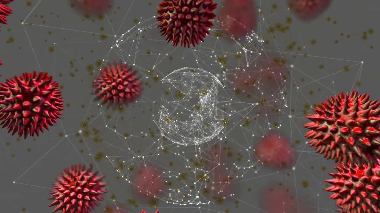 Virus-like particles surrounding data network connections in digital animation scene