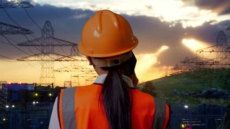 vista posterior cercana de una ingeniera asiática con casco de seguridad hablando en teléfono inteligente mientras está de pie cerca de la torre de alto voltaje