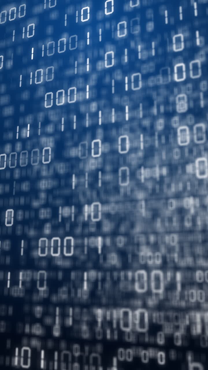 Futuristic abstract digital computer code of zeros and ones on a blue background. Tables moving. Blurred looped animation. Vertical video.