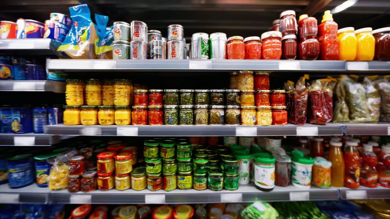 A Vibrant Display of Preserved Foods Showcasing a Diverse Assortment of Jars and Bottles Filled with Colorful Condiments, Sauces, and Snacks Arranged Neatly on Supermarket Shelves, Evoking Culinary Inspiration