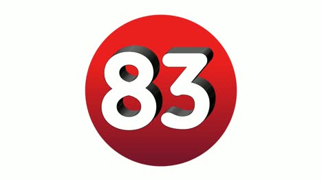 3d number 83 eighty three sign symbol animation motion graphics icon on red sphere on white background,cartoon video number for video elements