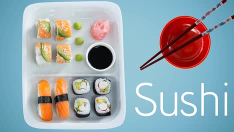 animation of sushi and sushi plate with sticks on blue background