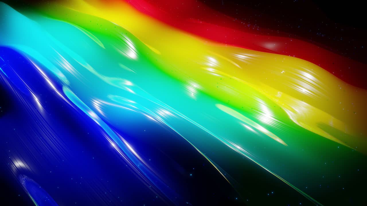 superficie 3d abstracta con hermosas olas, chispas luminosas y gradiente de colores brillantes, colores del arco iris. las olas corren en una superficie muy brillante y brillante con brillo brillante. animación en bucle 4k