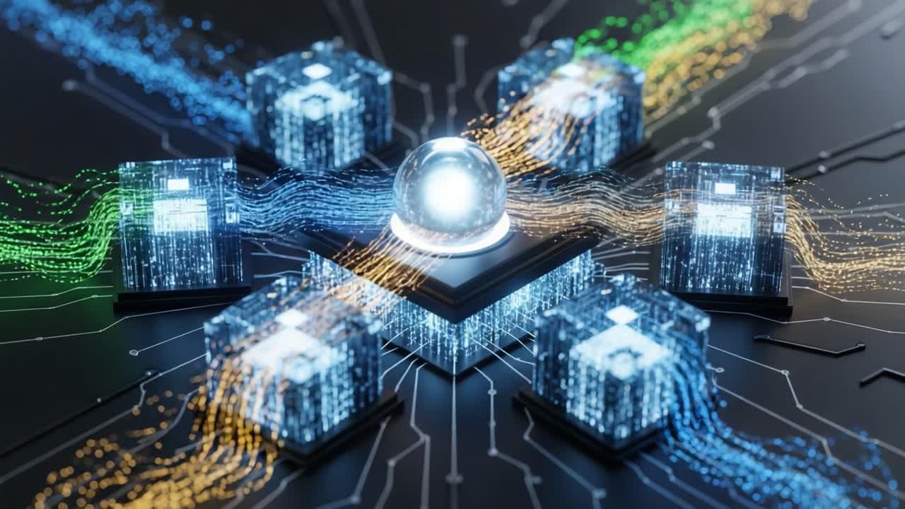 A futuristic depiction of a central processing unit surrounded by vibrant data streams, emphasizing the connection and flow of information in advanced computing technology