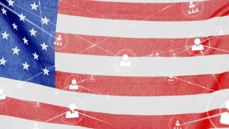 animation of network of connections with people icons over flag of usa