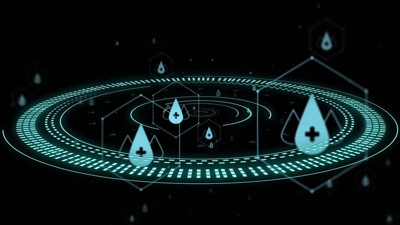 디지털 인터페이스를 통해 혈액 방울 아이콘을 가진 의료 데이터 처리 애니메이션