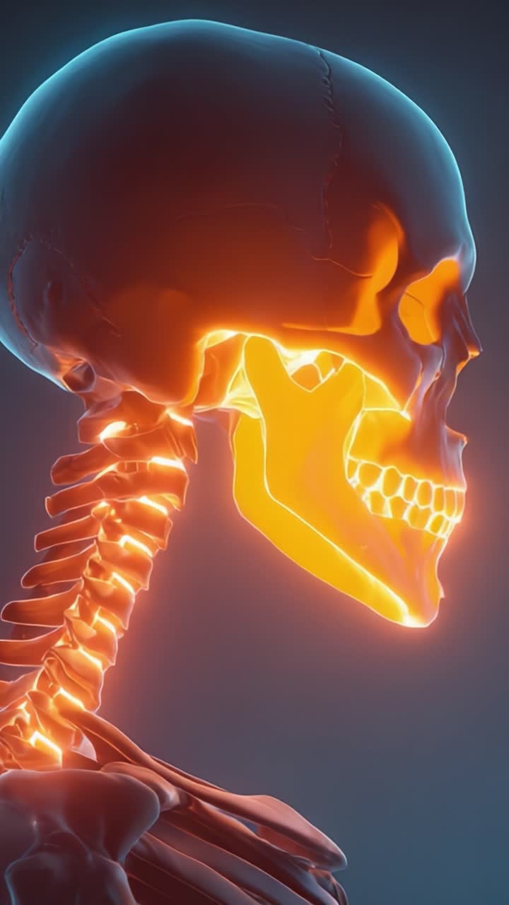 Una straordinaria visualizzazione anatomica di un cranio e una colonna vertebrale umani, che evidenzia le intricate strutture e connessioni della testa e del collo in vivide tonalità arancioni e blu.