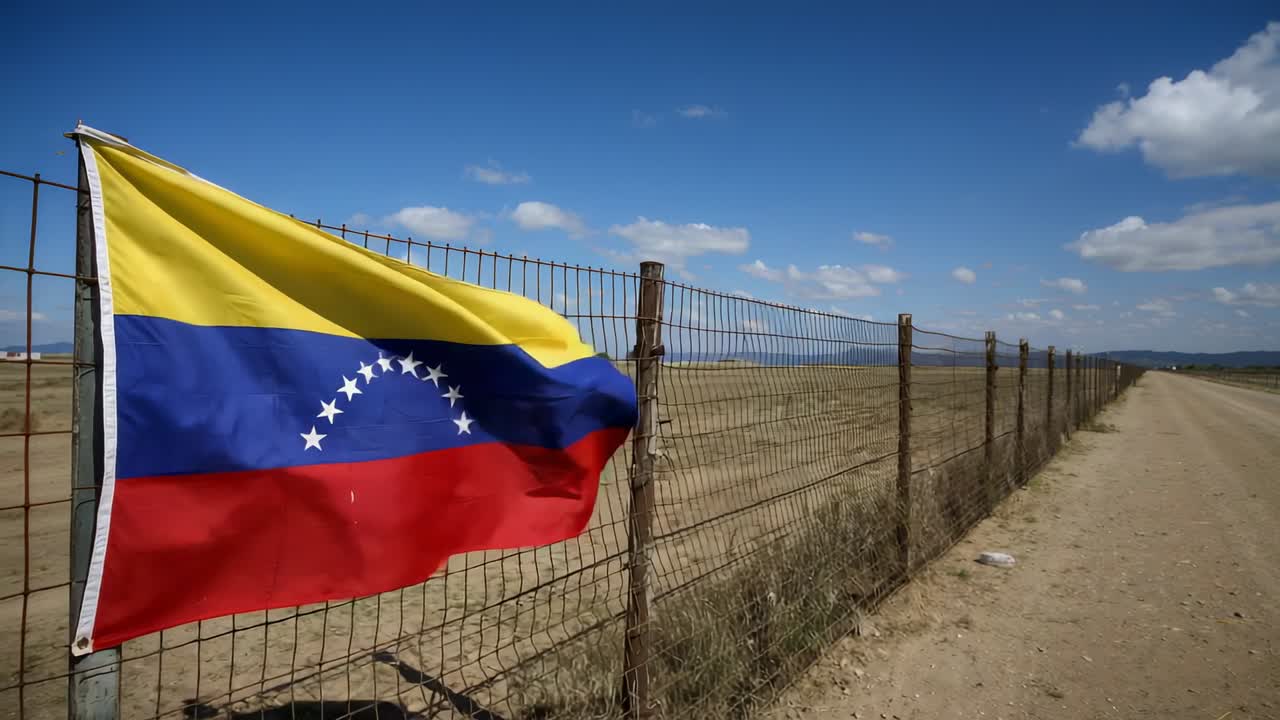 Bandera venezolana ondeando en la valla de la carretera, la brisa revelando las estrellas, para medios de viaje