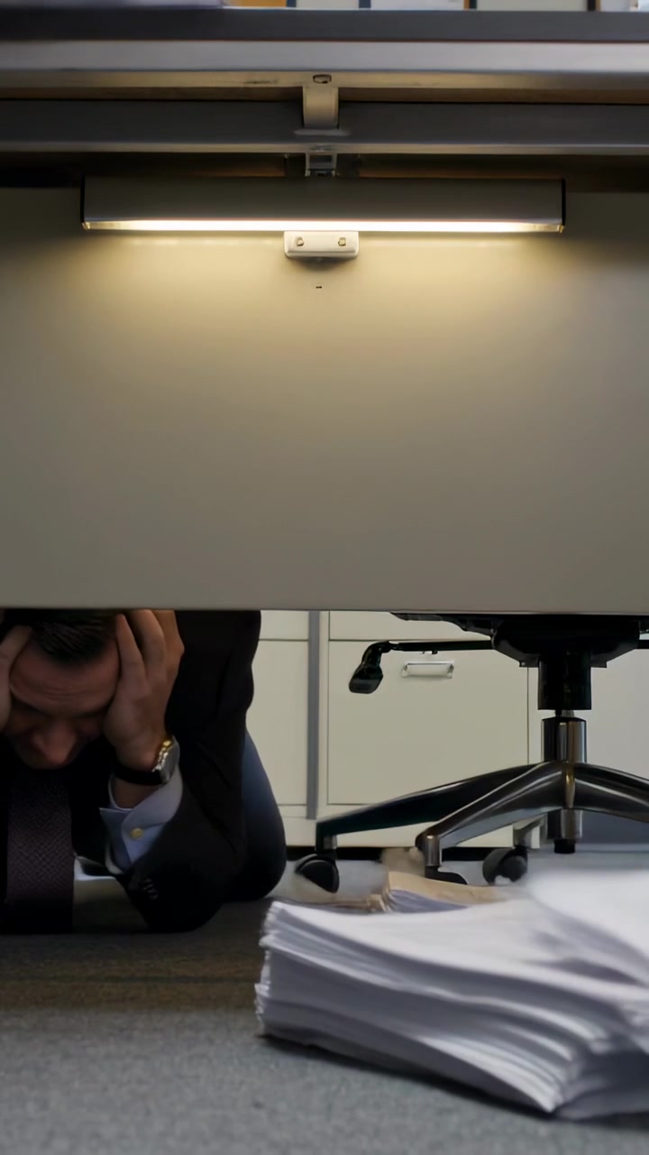 Vertical video: Bracing office worker in suit covering head under desk while papers shifting nearby