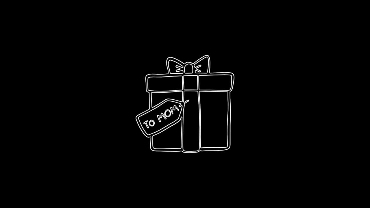 Icon box with a gift for mom moving lines on a black background. 4K video neon linear animation. Mothers Day