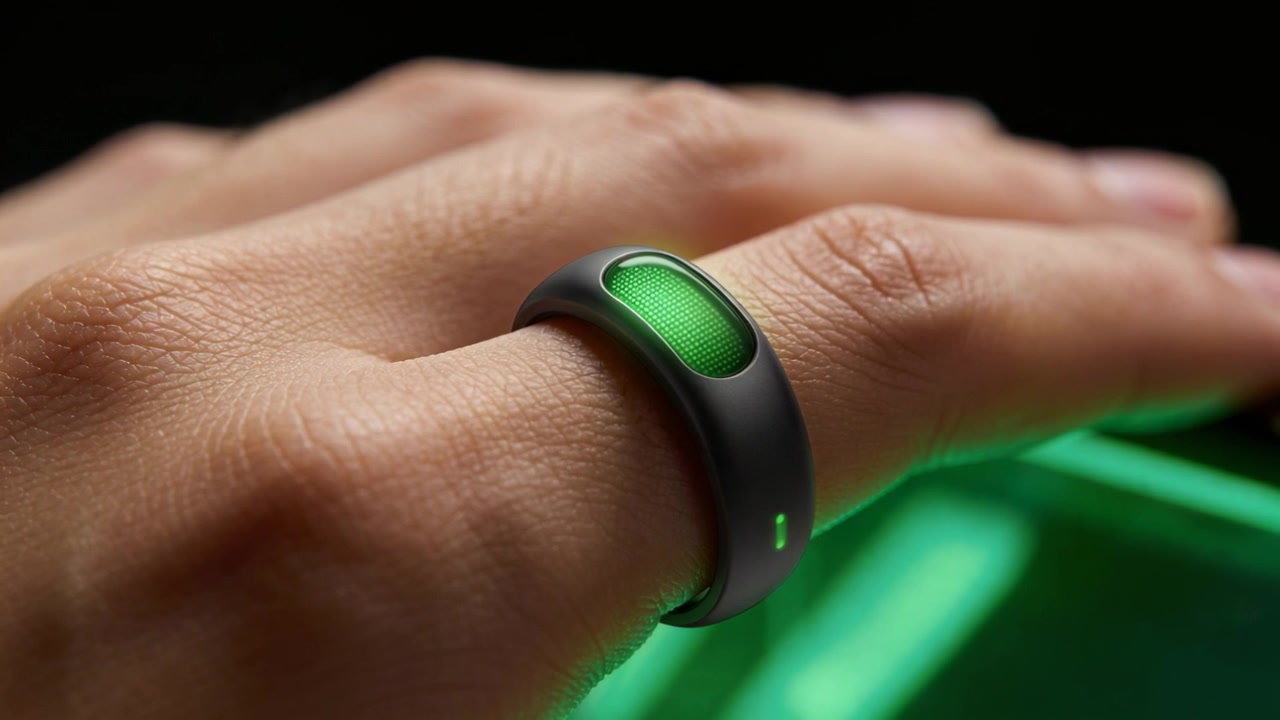Recording hand wearing matte smart ring making small finger shifts on studio backdrop, green tray