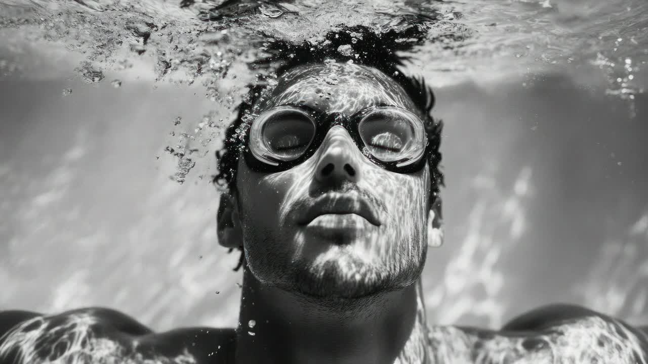 Black and white underwater video still of a person wearing goggles, captured from a low angle